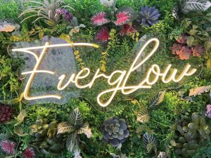 The word "Everglow" in lights among plants and flowers